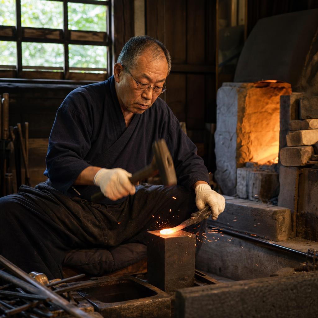 Illustrative Japanese swordsmith shaping heated steel in a traditional workshop