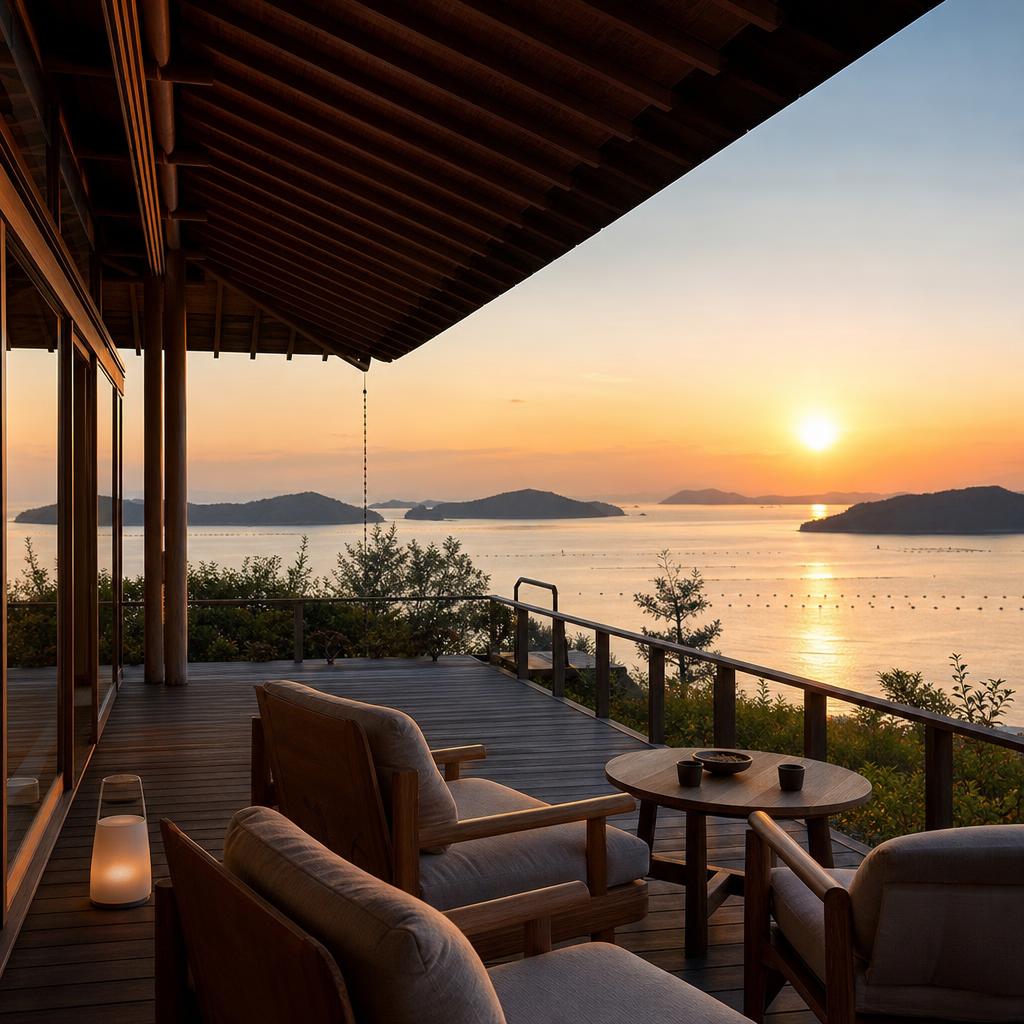 Illustrative boutique seaside stay overlooking islands in the Seto Inland Sea
