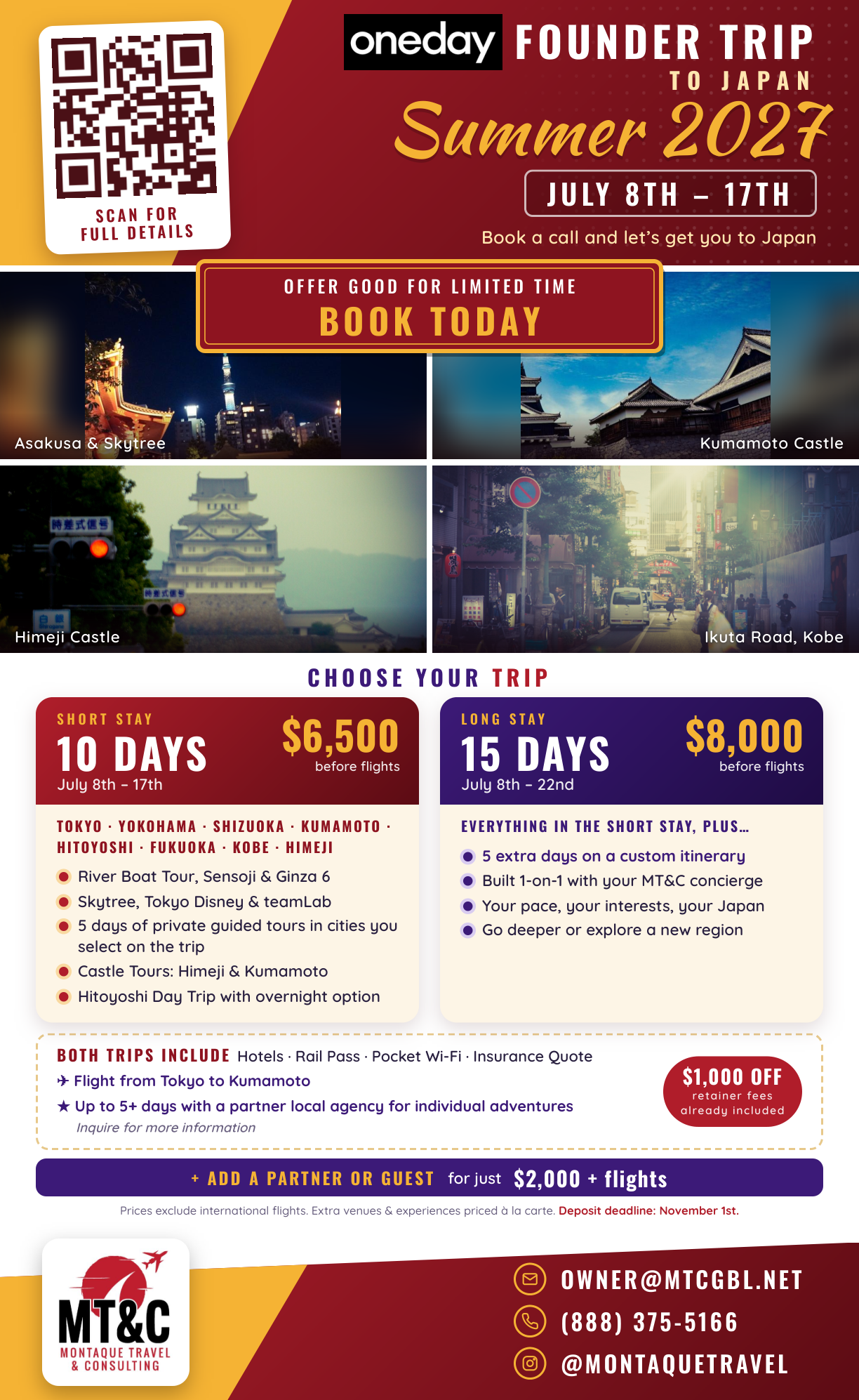 OneDay Founder Trip flyer with July 2027 dates, route, trip options, inclusions, and pricing